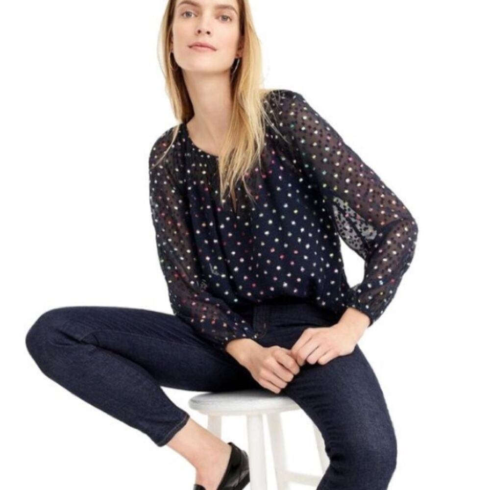 J. Crew Navy Popover In Rainbow Clip Dot Chiffon